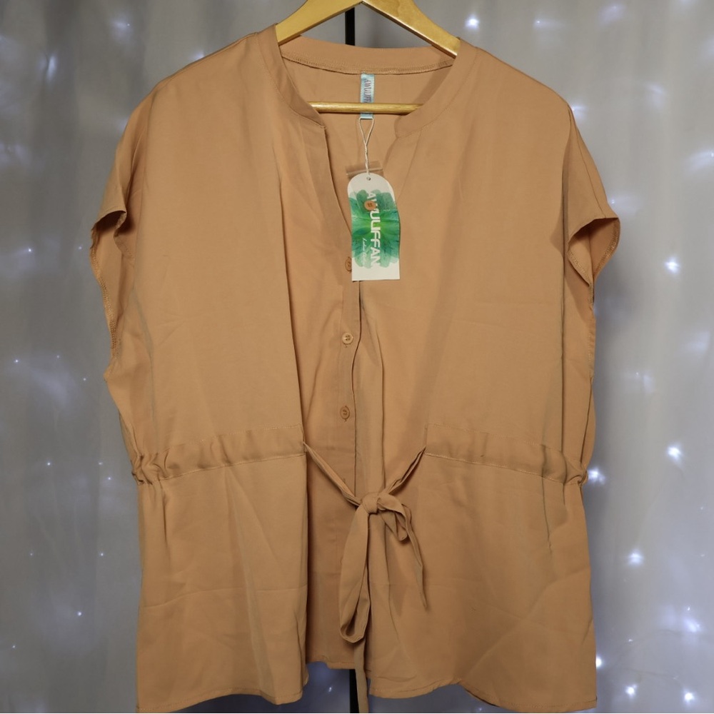 Chic Tan Blouse with Tie Waist